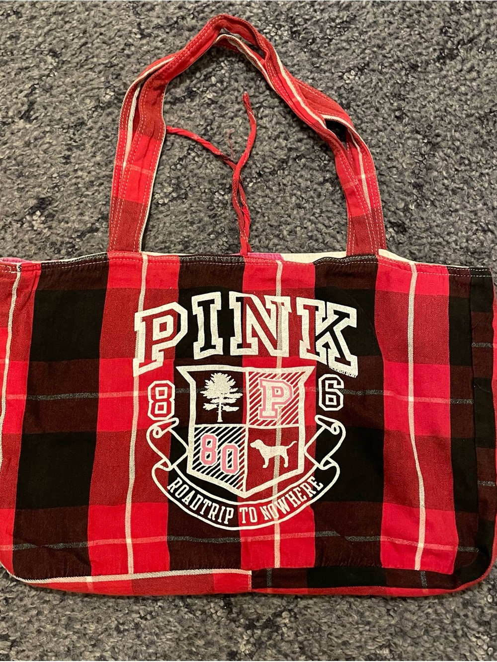 PINK Victoria’s Secret Red Black Plaid Tote Travel Overnight Logo Shoulder Bag